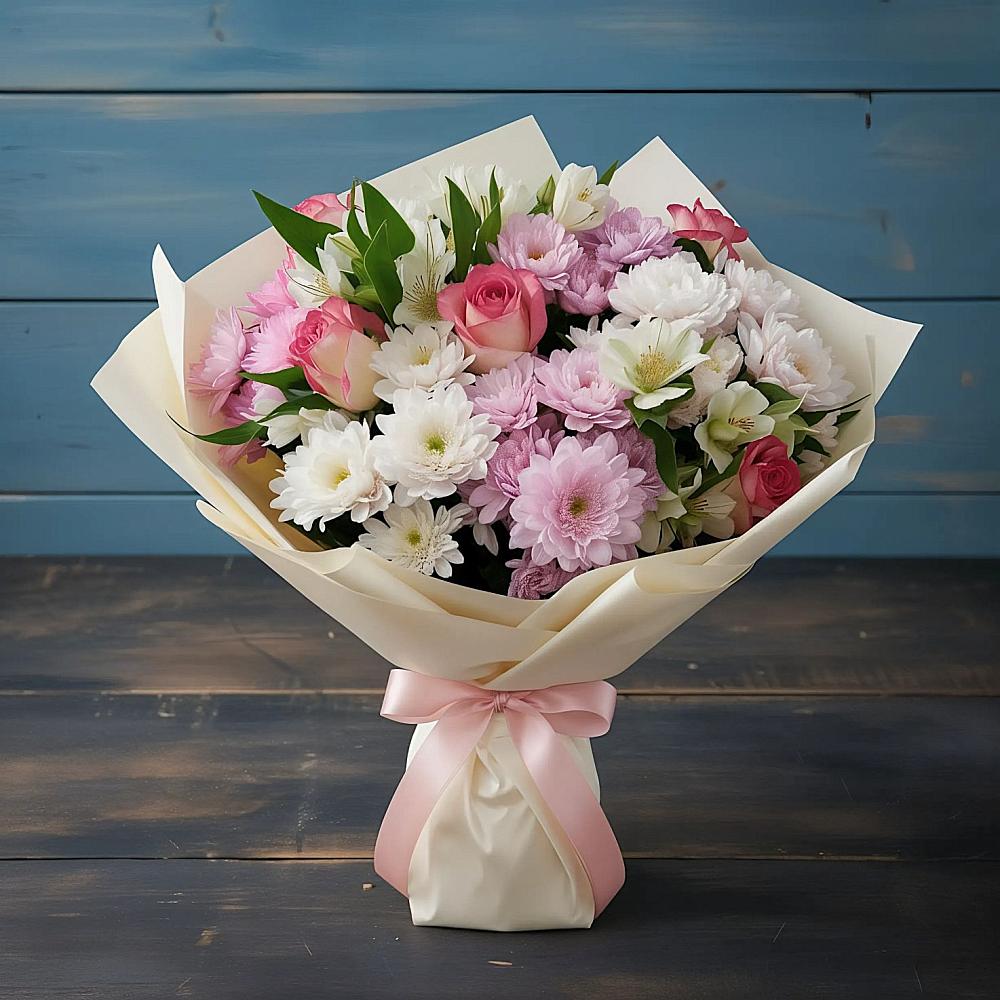 Букет цветов из: Хризантемы, Альстромерии и Розы в Петровске